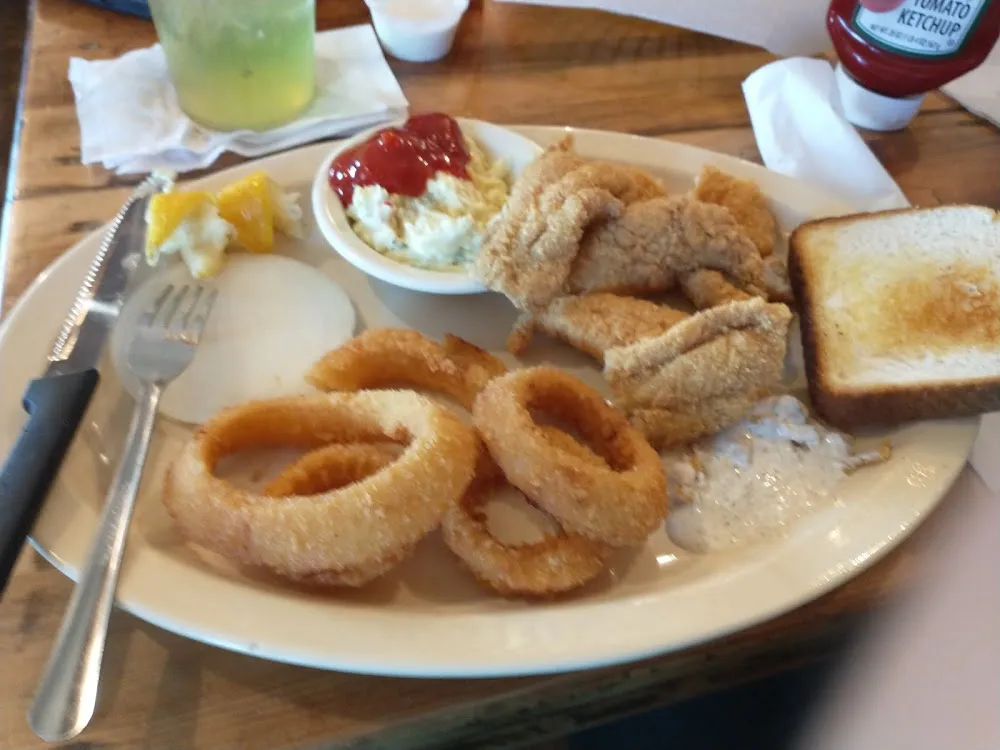 Catfish Filet Plate w Onion Rings and Potato Salad